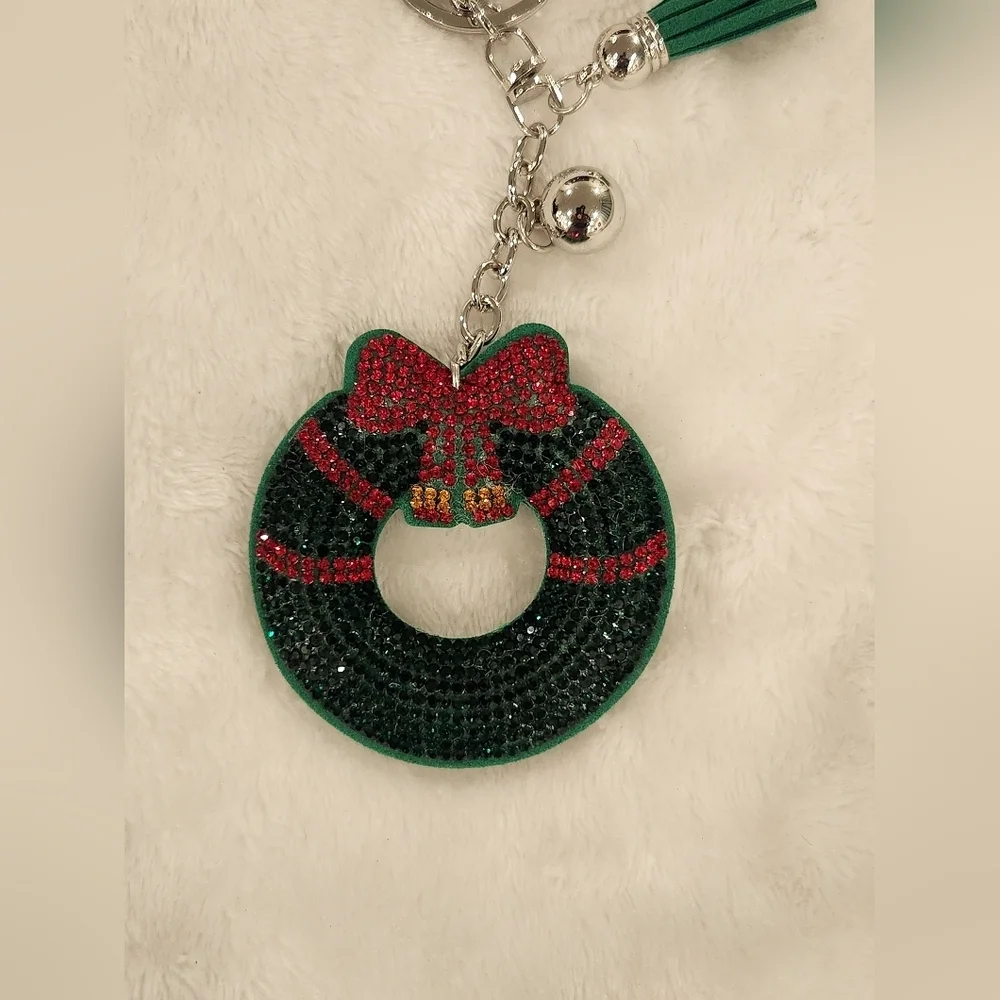 Festive Christmas Tree Wreath Green Keychain Set Bag Charms